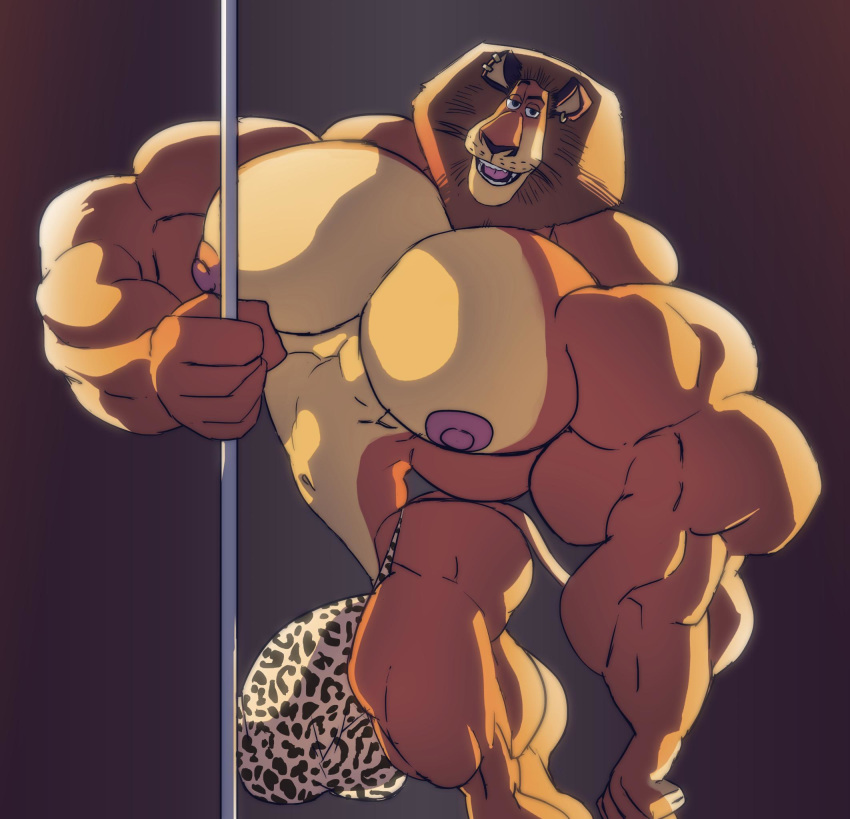 alex_the_lion anthro big_bulge bulge clothing felid huge_muscles huge_pecs hyper lion looking_at_viewer madagascar male mammal muscular muscular_male nipples pantherine penis_outline pole remert smile solo standing stripper_pole underwear