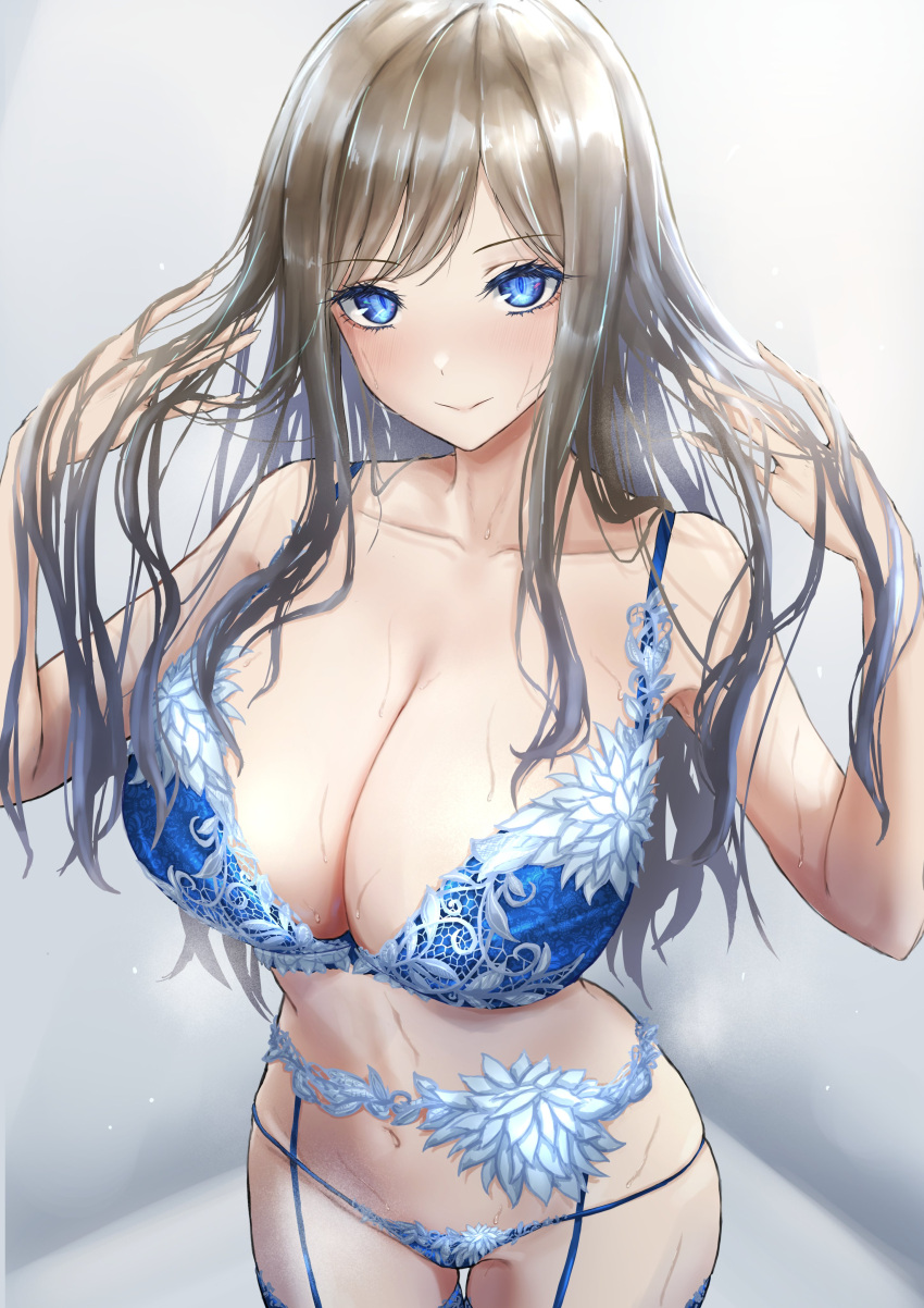 1girl absurdres bangs blue_bra blue_eyes blue_garter_belt blue_garter_straps blue_panties blush bra check_copyright closed_mouth collarbone commentary_request commission copyright_request grey_background grey_hair hands_in_hair hands_up highres lingerie long_hair looking_at_viewer navel original panties shaddoll_fusion skeb_commission smile solo underwear
