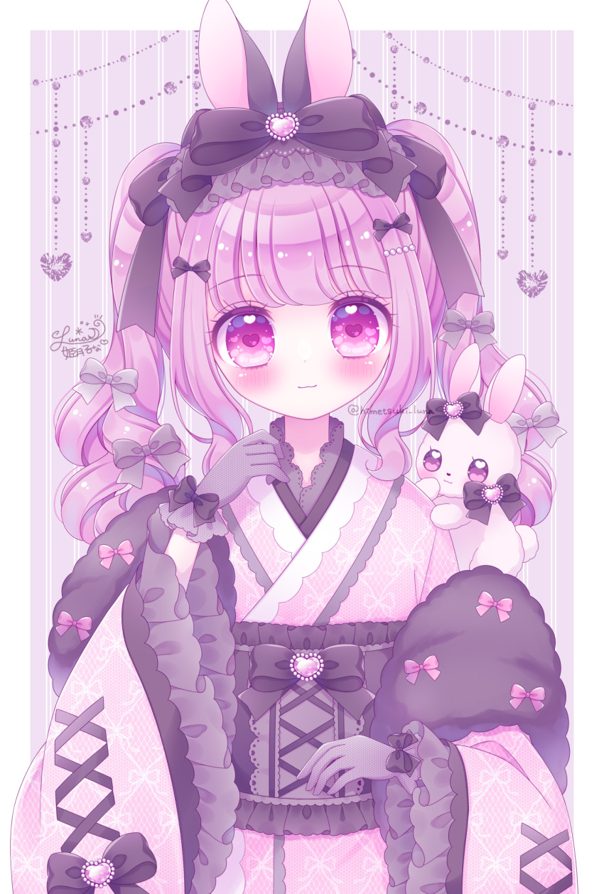 1girl animal animal_ears bangs black_bow blush bow closed_mouth commentary_request frilled_sleeves frills gloves grey_bow grey_gloves hair_bow hair_ornament hairclip heart highres himetsuki_luna japanese_clothes kimono long_sleeves looking_at_viewer obi original pink_hair pink_kimono purple_eyes rabbit rabbit_ears sash smile solo twintails twitter_username upper_body watermark wide_sleeves