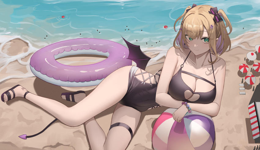 1girl absurdres ball bangs bare_arms bare_shoulders beach beachball bead_bracelet beads black_footwear black_one-piece_swimsuit blonde_hair bracelet breasts cleavage closed_mouth collarbone commission demon_tail demon_wings giant giantess green_eyes hair_ornament highres innertube iris_black_games jewelry jeze kurumi_noah large_breasts legs long_legs looking_at_viewer lying medium_hair ocean on_side one-piece_swimsuit outdoors pixiv_commission sandals smile solo_focus swimsuit tail thigh_strap thighs two_side_up vspo! water wings