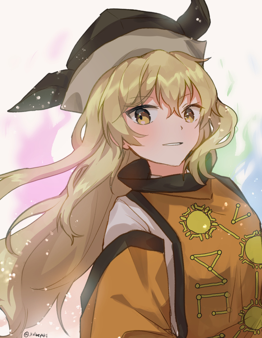 1girl artist_name bangs black_headwear blush breasts brown_hair closed_mouth constellation constellation_print detached_sleeves energy grey_headwear grey_shirt hair_between_eyes hat highres kalmeyaki light_brown_hair long_hair long_sleeves looking_to_the_side matara_okina medium_breasts orange_eyes orange_tabard shirt simple_background smile solo tabard teeth touhou upper_body white_background wide_sleeves