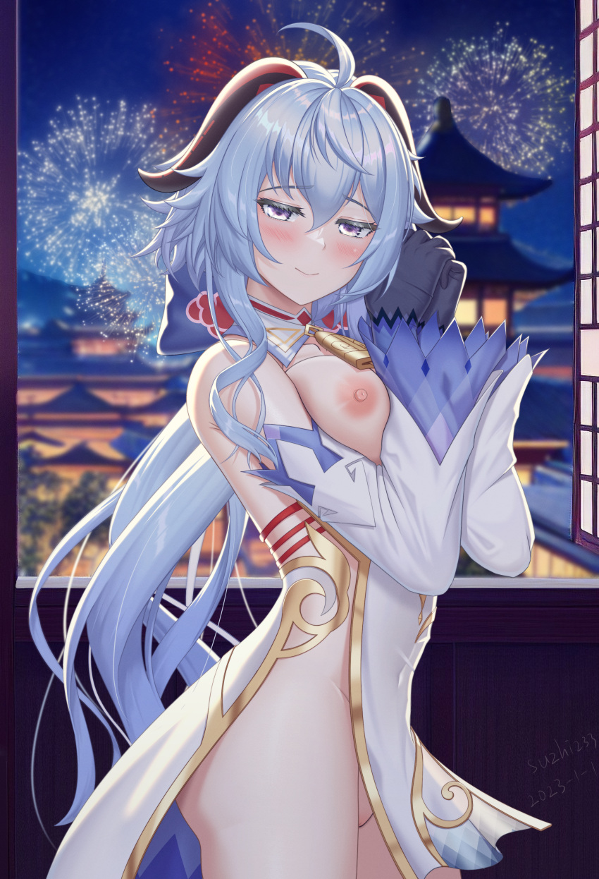 1girl absurdres ahoge architecture artist_name bangs bare_shoulders bell blue_gloves blue_hair blush breasts covered_navel cowboy_shot dated detached_sleeves east_asian_architecture fireworks from_side ganyu_(genshin_impact) genshin_impact gloves gold_trim half-closed_eyes highres horns light_smile long_hair looking_at_viewer low_ponytail medium_breasts multicolored_eyes neck_bell night nipples own_hands_together purple_eyes sidelocks solo standing suzhi2333 thighs white_sleeves
