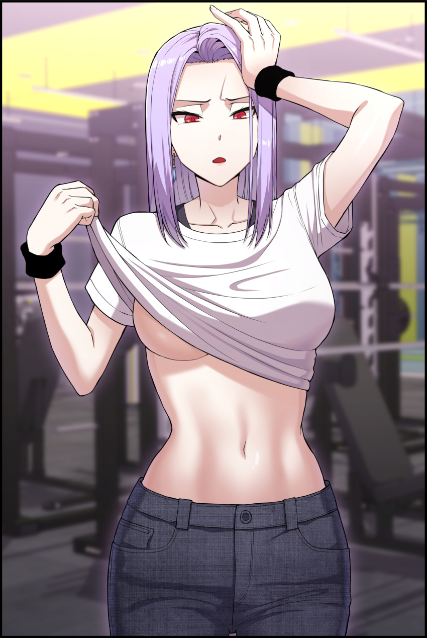 1girl arm_up bangs black_pants blurry bra_strap breasts clothes_lift cowboy_shot crop_top denim depth_of_field frown gym hand_on_own_head hand_up highres indoors large_breasts lifted_by_self long_hair looking_at_viewer midriff navel original pants parted_bangs purple_hair red_eyes s-goon shirt shirt_lift short_sleeves solo standing stomach sweatband underboob unmoving_pattern white_shirt