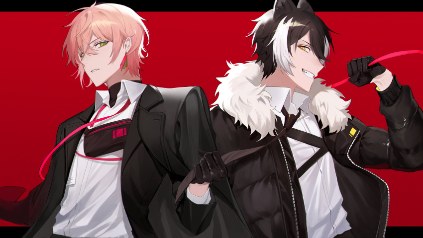 2boys absurdres animal_ears bangs black_coat black_gloves black_hair black_jacket black_necktie black_undershirt chap_yun coat coat_on_shoulders collared_shirt crossed_bangs earrings fanny_pack fur-trimmed_jacket fur_trim gloves green_eyes grin hair_between_eyes half_gloves hand_up harness highres holding holding_necktie holding_ribbon holostars jackal_boy jackal_ears jacket jewelry kageyama_shien letterboxed looking_at_viewer male_focus multicolored_hair multiple_boys necktie open_clothes open_jacket outside_border parted_lips pink_hair pink_ribbon red_background ribbon rikka_(holostars) shirt short_hair single_earring smile turtleneck two-tone_hair undone_neck_ribbon virtual_youtuber white_hair white_shirt yellow_eyes zipper
