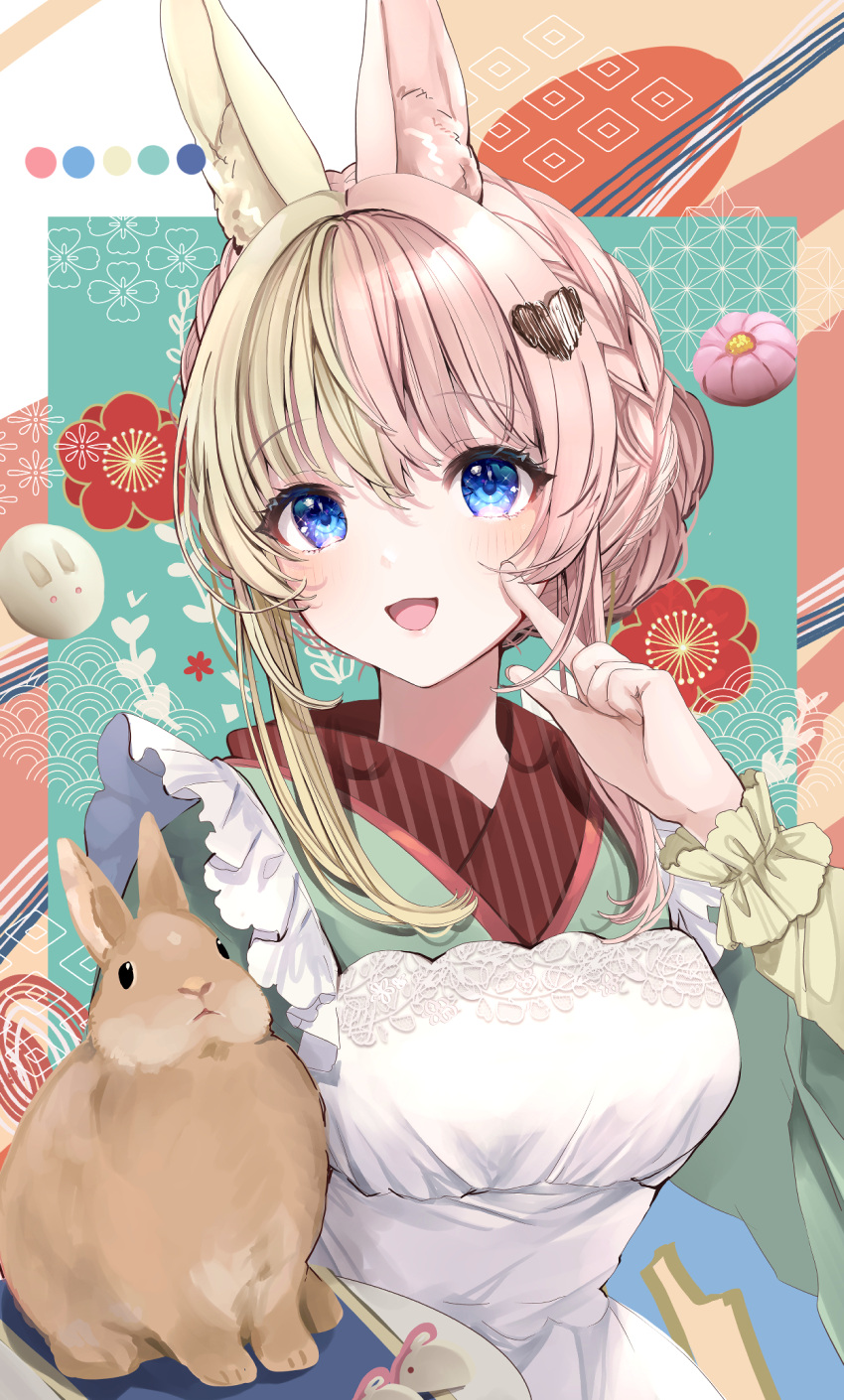 1girl animal_ear_fluff animal_ears apron bangs blue_eyes frills gradient_eyes green_hair hair_ornament highres japanese_clothes kimono looking_at_viewer multicolored_eyes multicolored_hair open_mouth original pink_hair puffy_sleeves puracotte rabbit rabbit_ears smile solo two-tone_hair white_apron