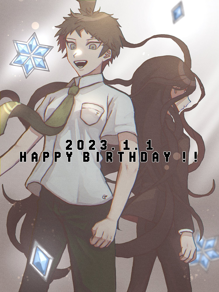 2boys :d back-to-back bangs black_hair black_jacket black_pants black_suit breast_pocket collared_shirt danganronpa_(series) danganronpa_2:_goodbye_despair dated formal gradient gradient_background green_necktie grey_shirt happy_birthday highres hinata_hajime jacket kamukura_izuru long_hair male_focus multiple_boys necktie open_mouth pants pe_(tarutarutabetai) pocket shiny shiny_hair shirt short_sleeves smile suit teeth