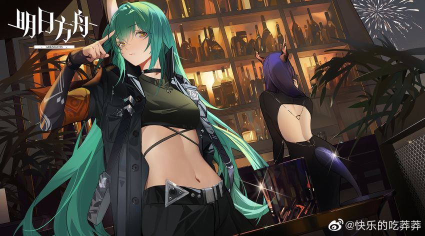 2girls aerial_fireworks alternate_costume arknights backless_dress backless_outfit bar_(place) black_dress blue_hair bottle ch'en_(arknights) commentary_request counter dragon_girl dragon_horns dragon_tail dress fireworks green_hair highres horns hoshiguma_(arknights) jacket kuailedechimangmang long_hair multiple_girls night night_sky oni oni_horns open_clothes open_jacket pants single_horn sky tail wine_bottle