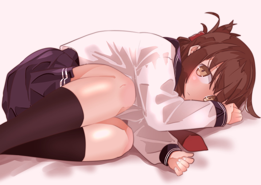 1girl absurdres anchor_symbol black_sailor_collar black_skirt brown_hair commentary_request folded_ponytail haida_katsuretsu highres inazuma_(kancolle) kantai_collection long_hair long_sleeves looking_at_viewer lying neckerchief on_side red_neckerchief sailor_collar school_uniform serafuku shirt skirt solo white_shirt