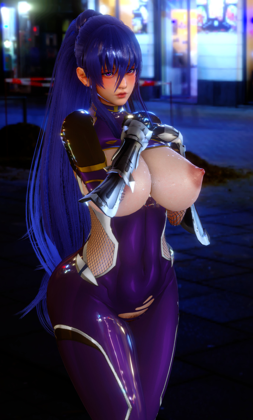 1girl 3d absurdres akiyama_rinko bangs black_pubic_hair blurry blurry_background blush bodysuit breasts breasts_out covered_nipples ear_piercing embarrassed eyeshadow gauntlets gloves highres huge_breasts lipstick long_hair makeup mascara mismatched_pubic_hair nipples piercing pubic_hair purple_eyes purple_hair red_lips shiny shiny_skin solo standing taimanin_(series) taimanin_suit torn_bodysuit torn_clothes very_long_hair xionger99