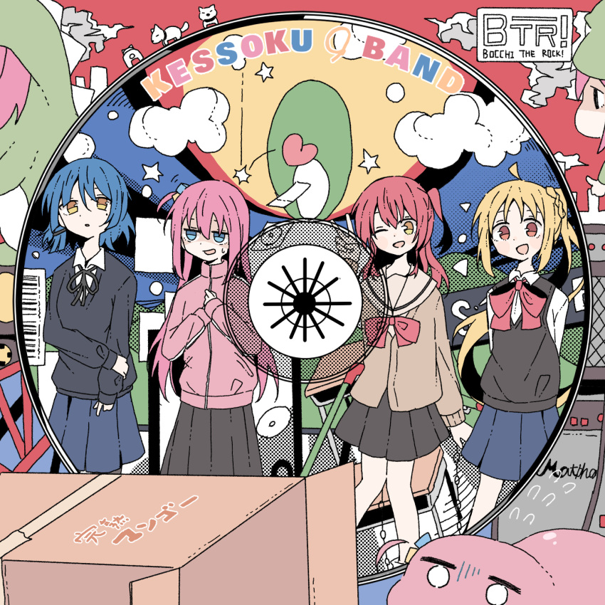 4girls ahoge akashia_(akasia313) asian_kung-fu_generation bangs black_ribbon black_vest blonde_hair blue_eyes blue_hair blue_skirt blush bocchi_the_rock! bow box cardboard_box cardigan cloud collared_shirt cube_hair_ornament desk flying_sweatdrops gotou_hitori grey_skirt hair_ornament highres ijichi_nijika jacket kita_ikuyo long_hair long_sleeves mole mole_under_eye multiple_girls neck_ribbon one_eye_closed one_side_up open_mouth pink_hair pink_jacket pleated_skirt red_bow red_eyes red_hair ribbon school_desk school_uniform serafuku shirt short_hair side_ponytail sidelocks skirt smile star_(symbol) track_jacket tsuchinoko vest white_shirt yamada_ryou yellow_eyes