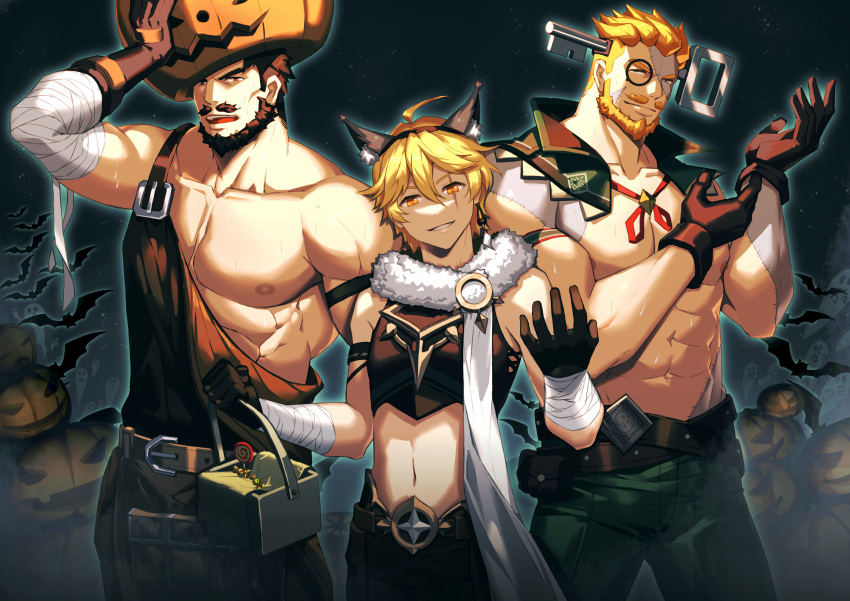 3boys absurdres adjusting_clothes adjusting_gloves aether_(genshin_impact) animal_ears apron bandaged_arm bandages bara bare_pectorals beard biceps black_eyes black_gloves black_hair blacksmith blonde_hair colored_skin cosplay cross-laced_slit cyrus_(genshin_impact) facial_hair fake_animal_ears feet_out_of_frame frankenstein's_monster frankenstein's_monster_(cosplay) genshin_impact gloves green_eyes grey_skin halloween halloween_bucket halloween_costume highres homunculus impaled jack-o'-lantern large_pectorals male_focus mature_male multiple_boys muscular muscular_male mustache nipples overalls pants pectorals short_hair smile stitches stomach sweat wagner_(genshin_impact) waist_apron zhuganchangjiadan