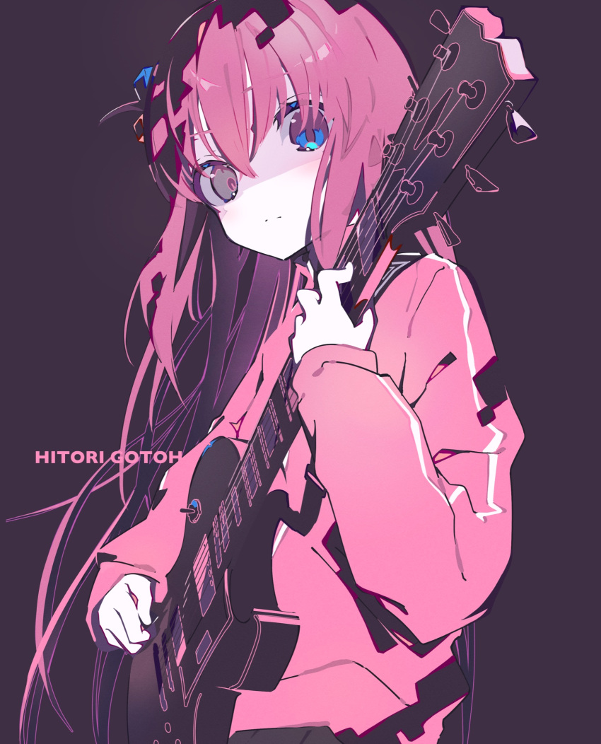 1girl bangs blue_eyes bocchi_the_rock! character_name closed_mouth cube_hair_ornament electric_guitar gibson_les_paul gotou_hitori guitar hair_ornament highres holding holding_instrument instrument jacket long_hair long_sleeves looking_at_viewer na_na_yu_ta one_side_up pink_hair pink_jacket shaded_face simple_background solo track_jacket