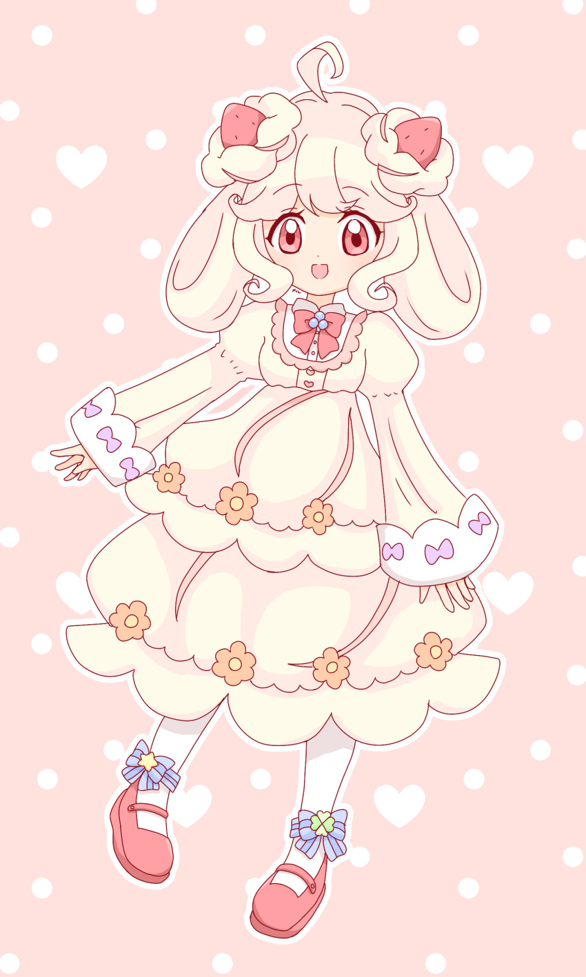 1girl absurdres ahoge alcremie alcremie_(strawberry_sweet) alcremie_(vanilla_cream) artist_name bangs blonde_hair blue_bow blush bow bowtie buttons clover commentary_request dress female_child flat_chest food-themed_hair_ornament footwear_bow four-leaf_clover full_body hair_ornament hair_rings happy heart heart_background heart_button highres humanization juliet_sleeves long_sleeves looking_at_viewer medium_hair meru_(mer_milky77) open_mouth outline pantyhose partial_commentary pink_background pokemon polka_dot polka_dot_background puffy_sleeves red_bow red_bowtie red_eyes red_footwear shoes sidelocks signature sleeves_past_wrists smile solo split_mouth standing star_(symbol) straight-on strawberry_hair_ornament striped striped_bow white_outline white_pantyhose yellow_dress