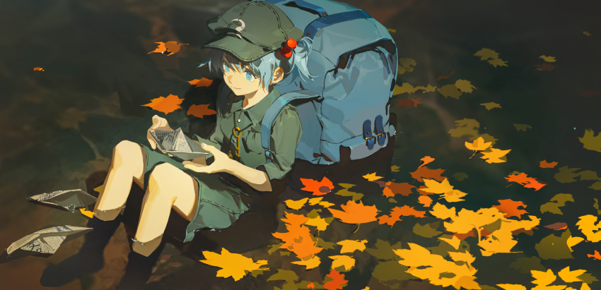 1girl autumn_leaves backpack bag blue_eyes blue_hair buttons collared_shirt flat_cap green_headwear green_shirt green_skirt hair_bobbles hair_ornament hat highres huang_gua kawashiro_nitori key leaf looking_away maple_leaf outdoors paper paper_boat partially_submerged shirt short_hair sitting skirt smile solo touhou two_side_up water