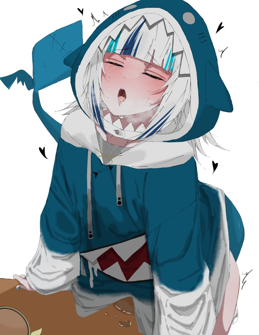 1girl absurdres animal_costume animal_hood bangs blue_hair blue_hoodie blunt_bangs blush carrot_011 closed_eyes crotch_rub female_masturbation fish_tail gawr_gura grey_hair heart highres hololive hololive_english hood hoodie implied_table_sex masturbation medium_hair multicolored_hair no_pants open_mouth pussy_juice pussy_juice_puddle saliva saliva_drip shark_costume shark_girl shark_hood shark_tail simple_background solo standing streaked_hair table_sex tail tongue tongue_out virtual_youtuber white_background