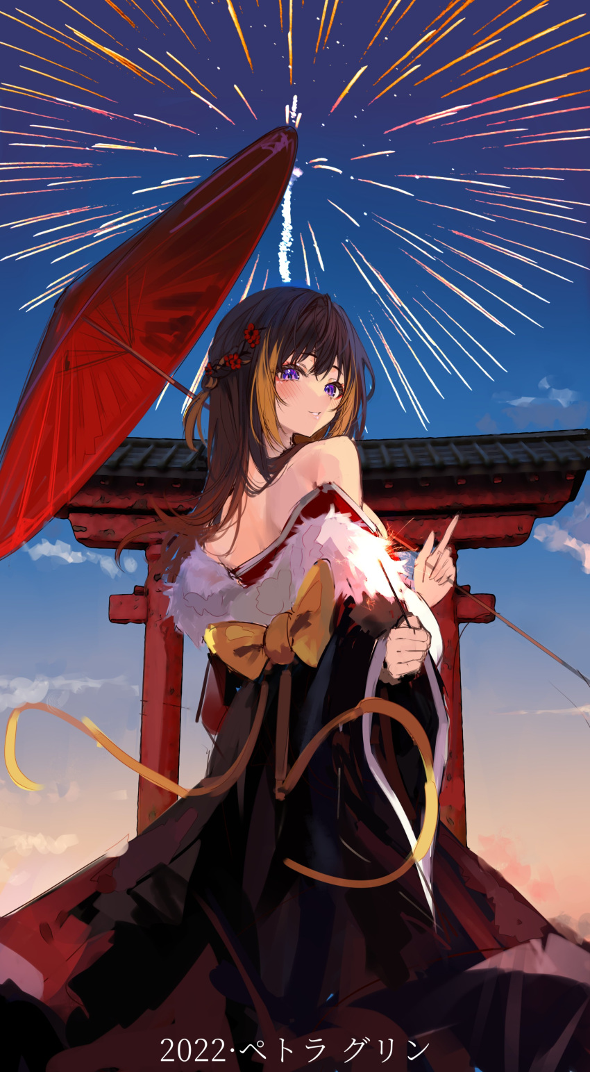 1girl 2022 absurdres bare_shoulders bird_girl black_kimono blue_eyes blush bow breasts character_name evening fireworks from_behind happy_new_year highres holding holding_umbrella japanese_clothes kimono large_bow large_breasts long_hair looking_afar multicolored_clothes multicolored_kimono naokomama nijisanji nijisanji_en off_shoulder oil-paper_umbrella penguin_girl petra_gurin red_kimono solo torii umbrella virtual_youtuber yellow_bow