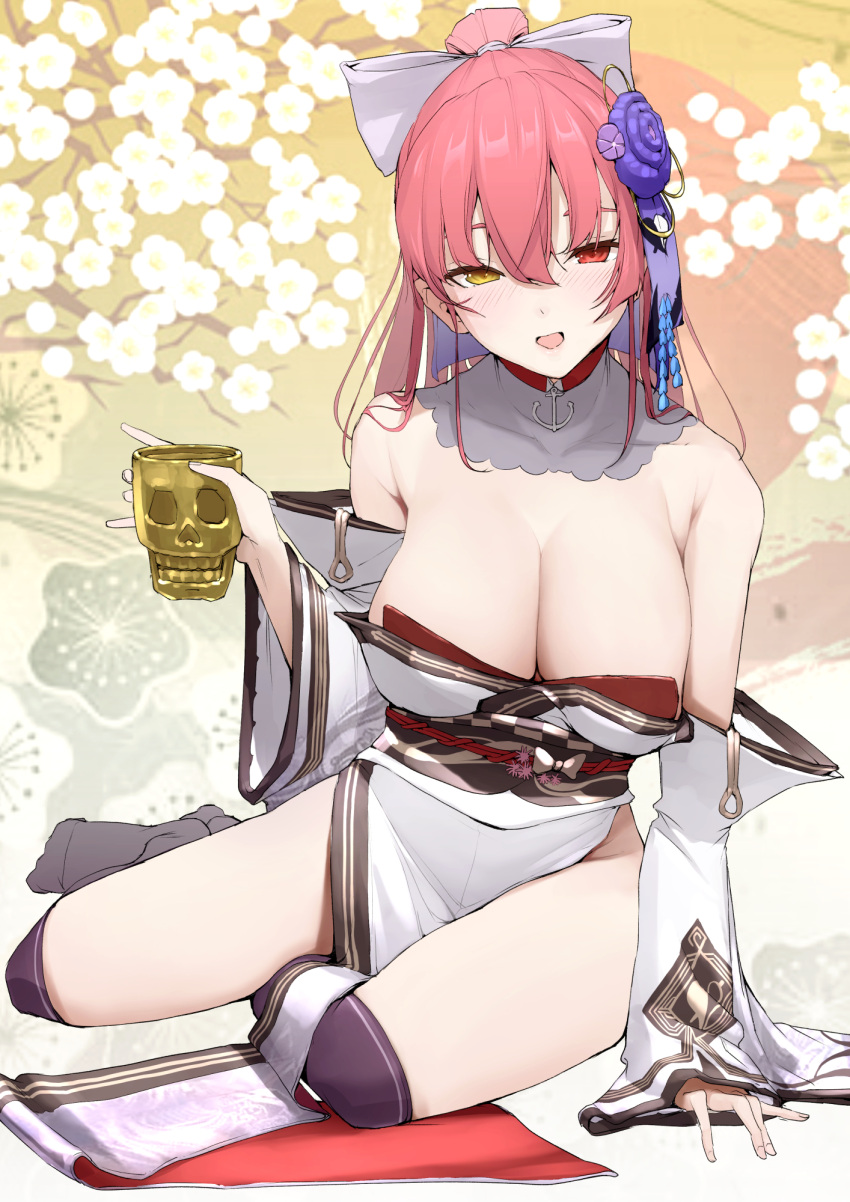 1girl arm_support bangs blush breasts cleavage cup detached_collar detached_sleeves dokuro-kun_(houshou_marine) flower full_body hair_between_eyes hair_flower hair_ornament heterochromia highres holding holding_cup hololive houshou_marine japanese_clothes kimono large_breasts long_hair long_sleeves looking_at_viewer mitsuru_(pixiv_34028718) no_shoes off_shoulder open_mouth pink_hair ponytail red_eyes solo virtual_youtuber white_kimono yellow_eyes