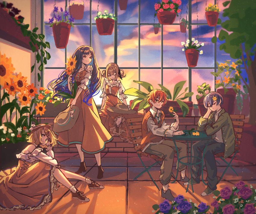 2boys 3girls aoyagi_touya azusawa_kohane blue_hair boater_hat brown_footwear closed_eyes cloud dress flower green_pants greenhouse hair_flower hair_ornament hanging_plant hat hat_removed headwear_removed highres indoors kagamine_rin long_hair looking_at_another multicolored_hair multiple_boys multiple_girls off-shoulder_dress off_shoulder on_floor orange_hair orange_sweater_vest pants plant potted_plant project_sekai shinonome_akito shiraishi_an short_sleeves sitting smile split-color_hair sun_hat sunflower sunkreativ sunset sweater_vest table the_vivid_old_tale_(project_sekai) twintails vivid_bad_squad_(project_sekai) vocaloid yellow_dress