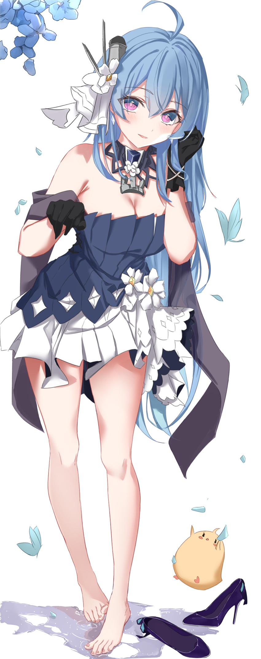 1girl absurdres ahoge azur_lane bare_legs bare_shoulders barefoot black_gloves blue_dress blue_flower blue_hair breasts bug butterfly cleavage dress dress_flower feet flower full_body gloves hair_between_eyes hair_flower hair_ornament hand_in_own_hair hands_up helena_(azur_lane) helena_(may_i_have_this_dance?)_(azur_lane) high_heels highres layered_dress long_hair looking_at_viewer manjuu_(azur_lane) medium_breasts official_alternate_costume parted_lips pleated_dress purple_eyes see-through shirt shoes shoes_removed short_dress simple_background skirt sleeveless sleeveless_dress smile solo standing standing_on_liquid strapless toes two-tone_dress vayneeeee very_long_hair water white_background white_dress white_flower