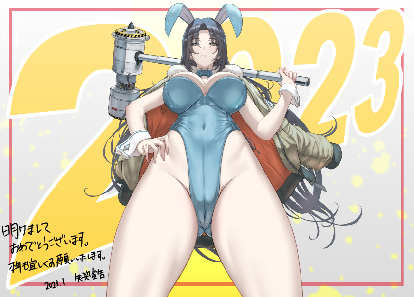 1girl absurdres animal_ears ass_visible_through_thighs black_hair bow bowtie breasts cleavage covered_navel from_below groin hammer hand_on_hip highres holding holding_hammer jacket jacket_on_shoulders long_hair looking_at_viewer original over_shoulder pantyhose rabbit_ears shisshou_senkoku solo weapon weapon_over_shoulder white_pantyhose wrist_cuffs