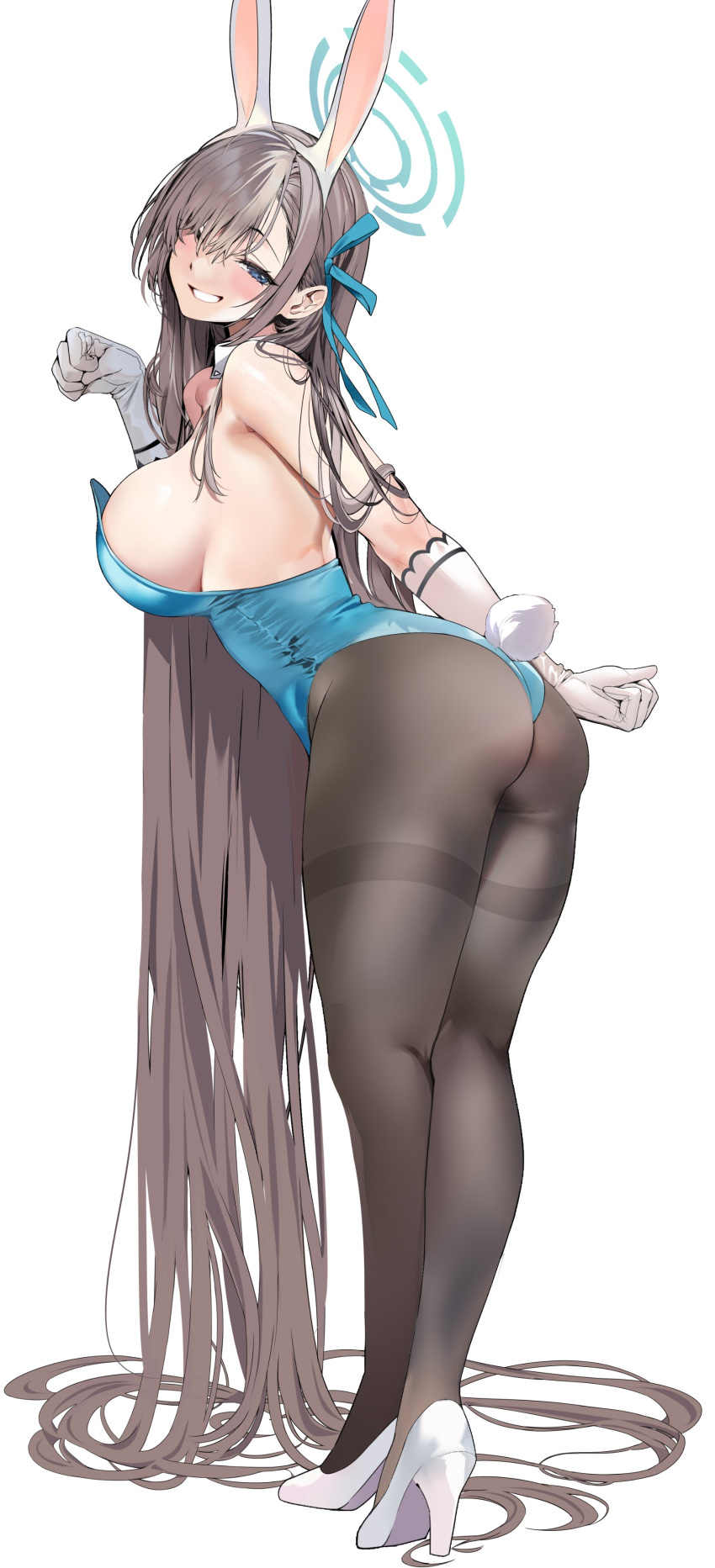 1girl absurdly_long_hair absurdres animal_ears arm_behind_back ass asuna_(blue_archive) asuna_(bunny)_(blue_archive) bad_id bad_twitter_id bangs bare_shoulders black_pantyhose blue_archive blue_eyes blue_leotard blue_ribbon blush breasts commentary detached_collar elbow_gloves fake_animal_ears fake_tail from_behind full_body gloves grey_hair grin hair_ornament hair_ribbon hairband halo hand_up high_heels highres large_breasts legs leotard long_hair looking_at_viewer looking_back marushin_(denwa0214) official_alternate_costume one_eye_closed pantyhose parted_lips playboy_bunny rabbit_ears rabbit_tail ribbon sideboob simple_background smile solo tail teeth thighs very_long_hair white_background white_footwear white_gloves white_hairband