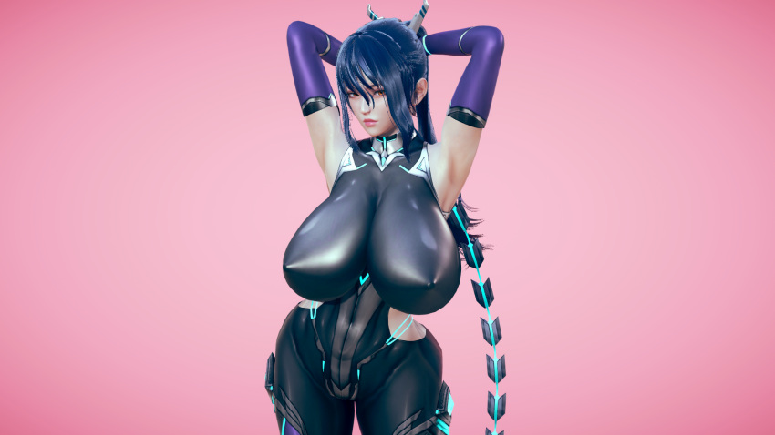 1girl 3d arms_up backboob bangs black_bodysuit black_hair blue_hair blush bodysuit breasts chain chain_whip covered_nipples detached_sleeves eyeshadow gigantic_breasts highres huge_breasts lipstick long_hair looking_at_viewer makeup mascara nail_polish non-web_source noone ponytail red_eyes red_lips red_nails smile solo standing taimanin_(series) uehara_rin