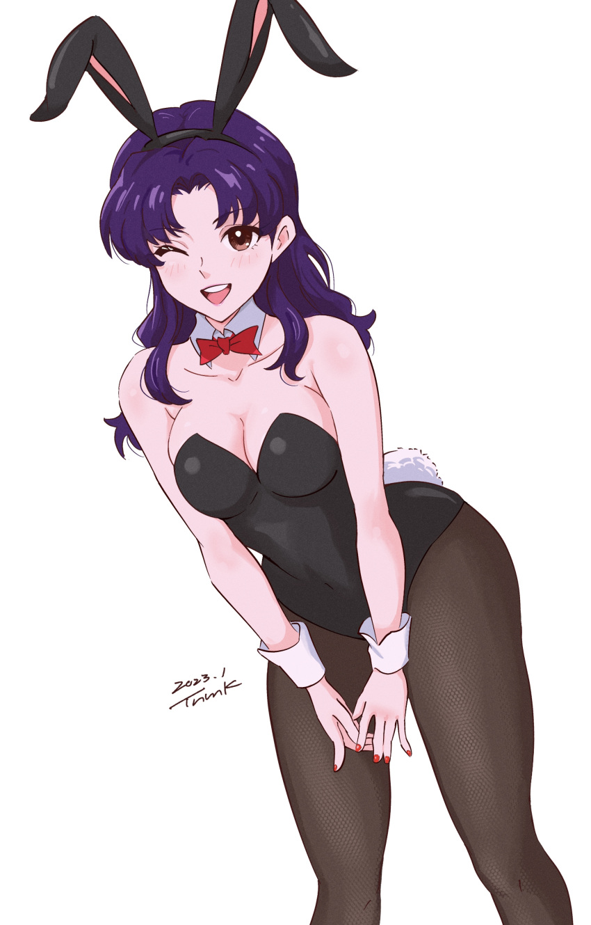 1girl :d absurdres alternate_costume animal_ears bangs bare_shoulders black_leotard blush bow bowtie breasts cleavage commentary_request covered_navel dated detached_collar fake_animal_ears fake_tail highres katsuragi_misato large_breasts leotard long_hair looking_at_viewer neon_genesis_evangelion pantyhose playboy_bunny purple_hair rabbit_ears rabbit_tail smile solo strapless strapless_leotard tail tsunemoku wrist_cuffs