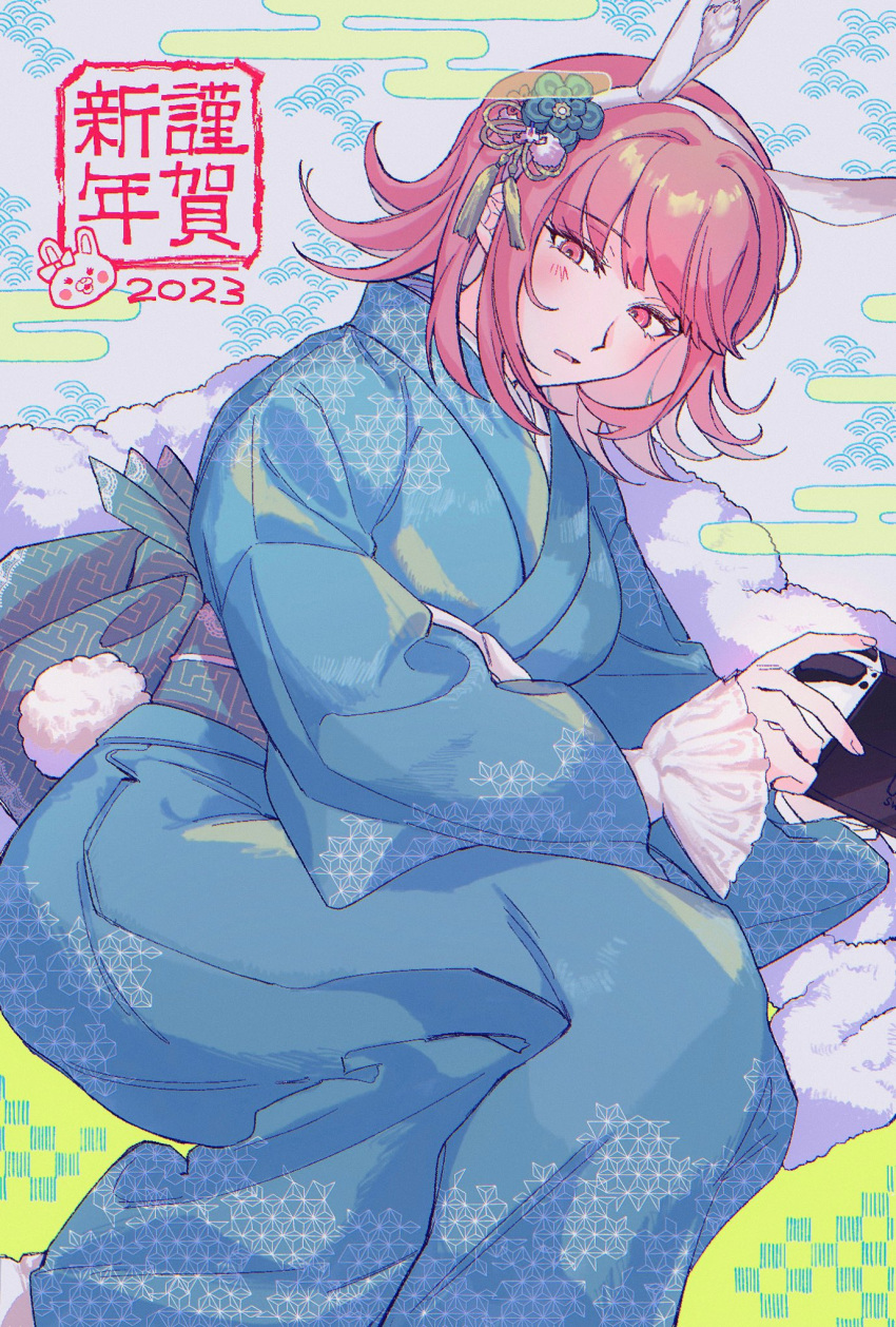 1girl 2023 alternate_costume animal_ears bangs breasts danganronpa_(series) danganronpa_2:_goodbye_despair ear_bow fake_animal_ears flower fur_trim green_flower green_kimono hair_flower hair_ornament harami_(qz48lr) highres japanese_clothes kimono large_breasts long_sleeves lying medium_hair multicolored_background nanami_chiaki on_side pink_hair rabbit_tail shiny shiny_hair tail translation_request usami_(danganronpa)