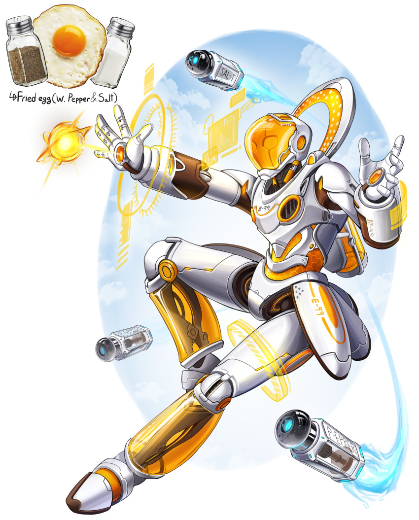 absurdres cloud energy energy_ball flying food fried_egg full_body glowing highres hologram humanoid_robot joints missile no_humans original personification robot robot_joints science_fiction semmya_ori solo