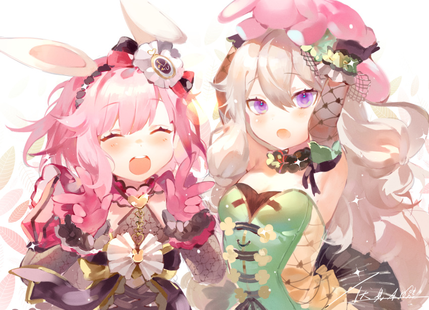 2girls animal_ears armpits arms_up black_gloves blush bow double_w dress elbow_gloves fake_animal_ears gloves green_dress green_hair highres kusanagi_nene lace lace_gloves looking_at_viewer multiple_girls ootori_emu open_mouth pink_dress pink_hair project_sekai purple_eyes rabbit_ears shu_(pjxv7485) simple_background sleeveless sleeveless_dress stuffed_animal stuffed_bunny stuffed_toy upper_body w white_background white_bow wonder_magical_showtime!_(project_sekai)