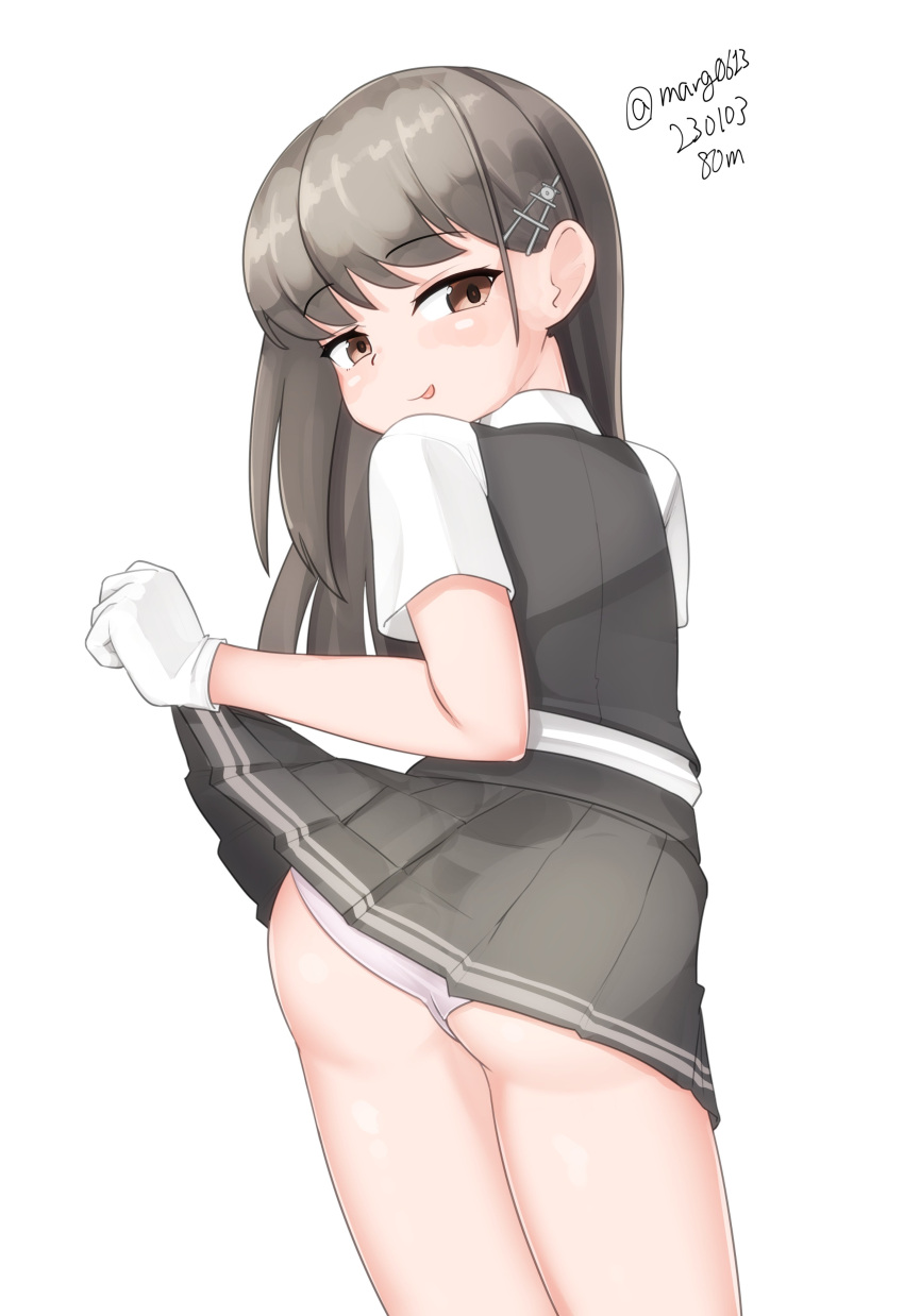 1girl absurdres ass black_hair black_skirt black_vest clothes_lift collared_shirt dress_shirt from_behind gloves hayashio_(kancolle) highres kantai_collection long_hair looking_at_viewer looking_back maru_(marg0613) mole mole_under_eye one-hour_drawing_challenge panties pleated_skirt red_eyes school_uniform shirt short_sleeves simple_background skirt skirt_lift solo tongue tongue_out underwear vest white_background white_gloves white_panties white_shirt
