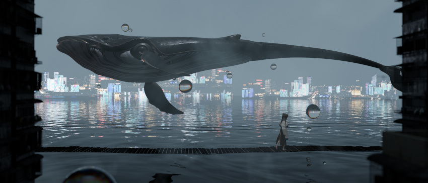 1girl absurdres barefoot black_hair black_skirt bridge bubble building chinese_clothes chinese_commentary cityscape commentary facing_away flying_whale highres lake long_hair original overcast scenery shirt skirt skyscraper solo tuoer twintails very_wide_shot walking water whale white_shirt