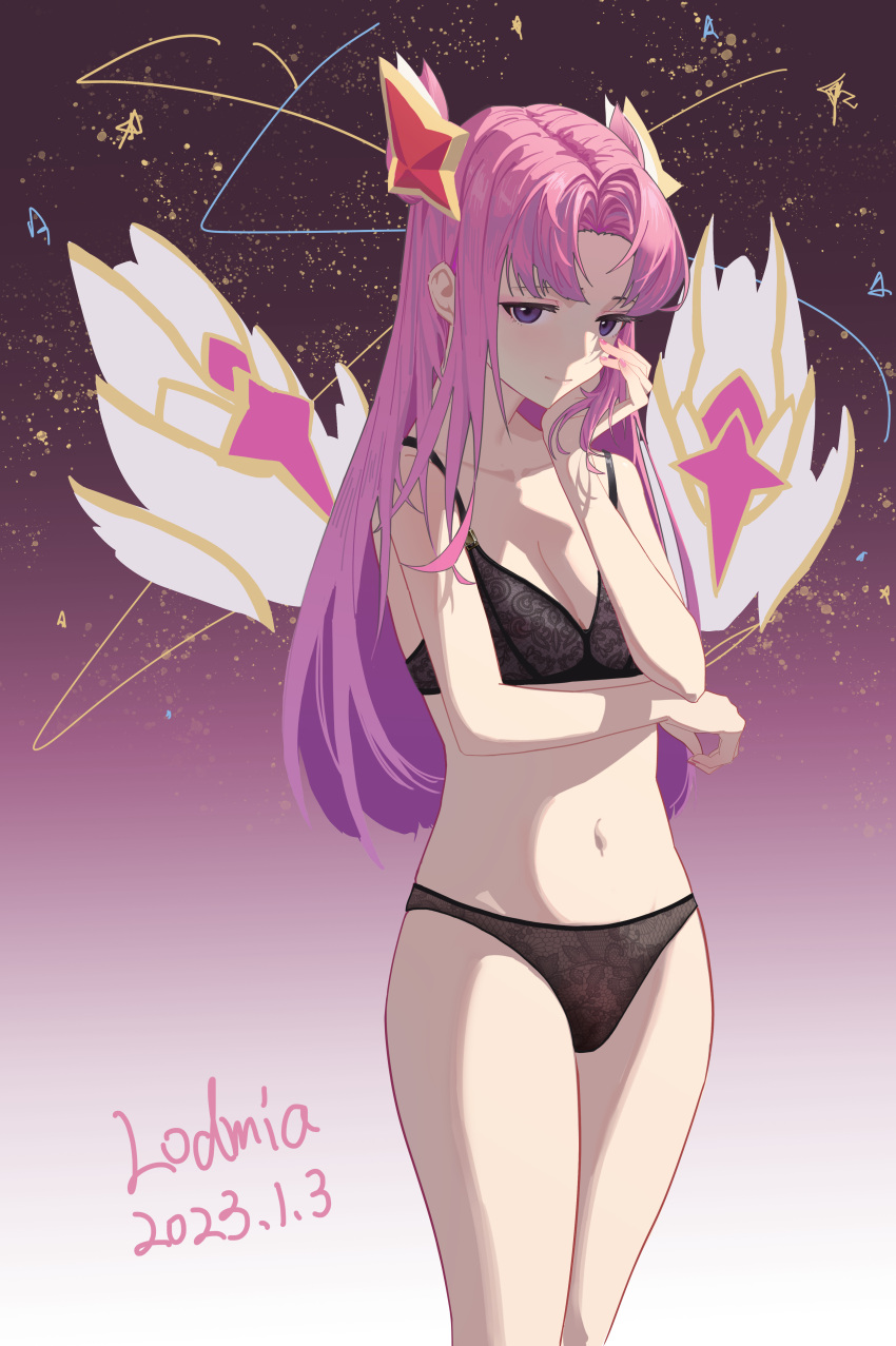 1girl absurdres arm_under_breasts artist_name bangs bare_arms bare_shoulders black_bra black_panties bra breasts dated detached_wings hair_ornament highres kai'sa league_of_legends lingerie lodmia long_hair medium_breasts multicolored_background navel panties parted_bangs pink_background pink_hair shiny shiny_hair smile solo star_(symbol) star_guardian_kai'sa star_hair_ornament stomach underwear wings