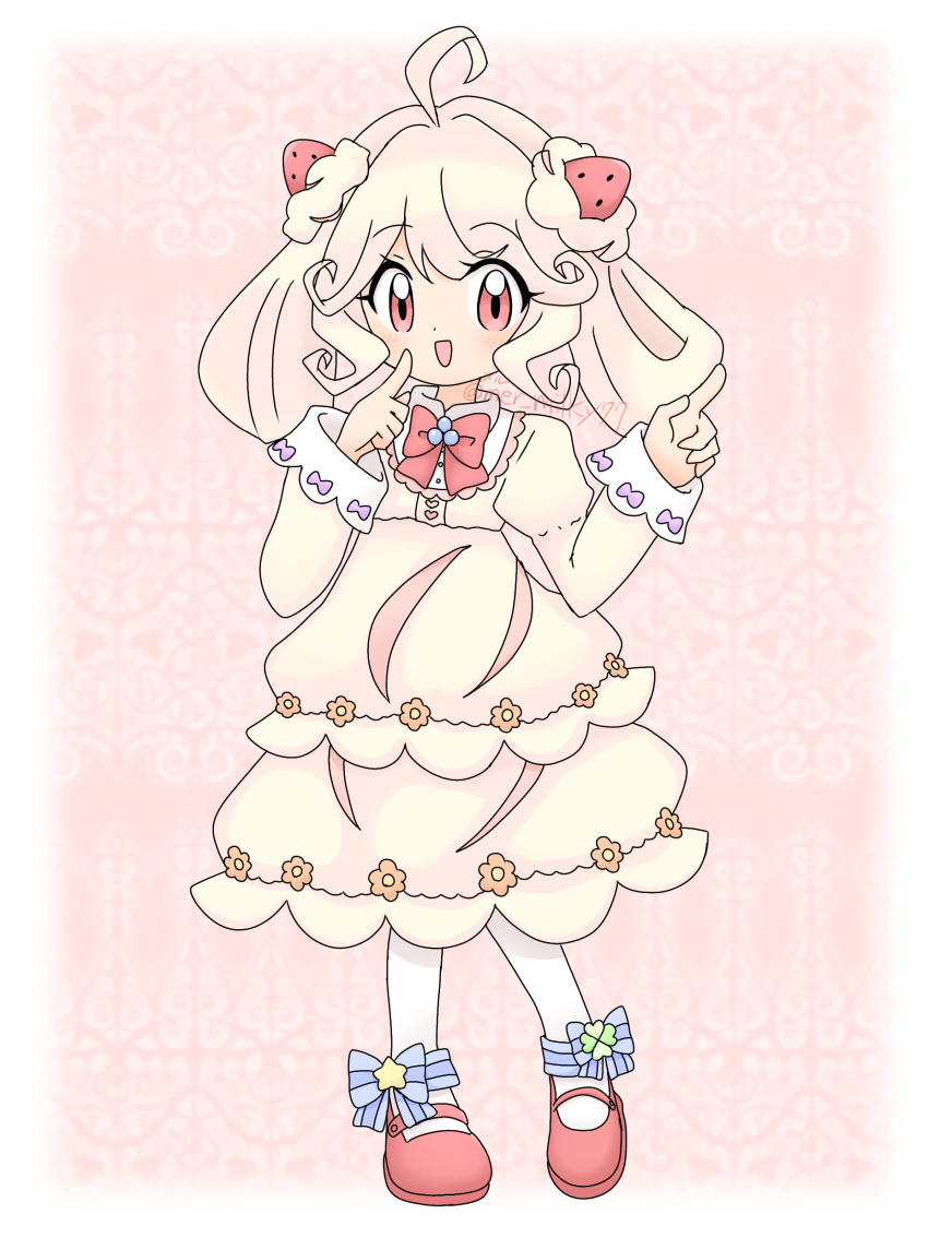 1girl absurdres ahoge alcremie alcremie_(strawberry_sweet) alcremie_(vanilla_cream) artist_name bangs blonde_hair blue_bow blush bow bowtie buttons clover commentary_request dress female_child flat_chest food-themed_hair_ornament footwear_bow four-leaf_clover full_body hair_ornament hair_rings hands_up happy heart heart_button heel_up highres humanization index_finger_raised juliet_sleeves long_sleeves looking_at_viewer medium_hair meru_(mer_milky77) open_mouth pantyhose partial_commentary pink_background pokemon puffy_sleeves red_bow red_bowtie red_eyes red_footwear shoes sidelocks signature smile solo standing star_(symbol) strawberry_hair_ornament striped striped_bow twitter_username white_pantyhose yellow_dress