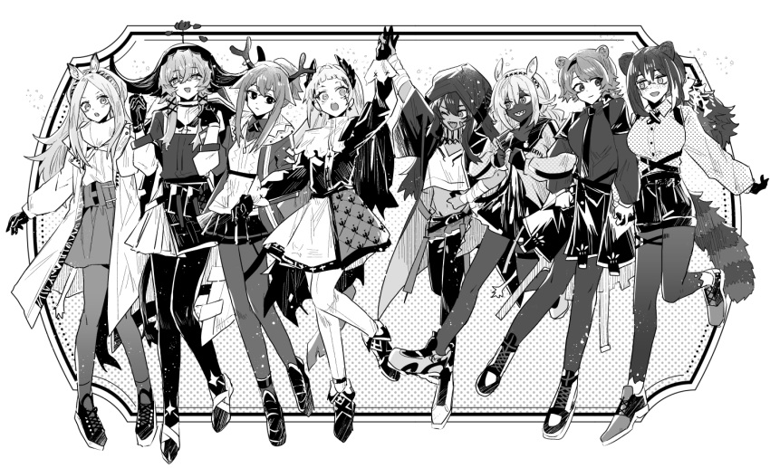6+girls absinthe_(arknights) animal_ears antlers arknights bandages bangs belt boots breasts closed_mouth commentary cow_horns creator_connection dress expressionless firewatch_(arknights) flint_(arknights) flower flower_on_head forehead gloves greyscale head_wings heavyrain_(arknights) hood hood_up horns irene_(arknights) iwashi_80 large_breasts loafers low_ponytail miniskirt monochrome multiple_girls necktie one_eye_closed open_mouth pallas_(arknights) pantyhose raccoon_ears raccoon_tail robin_(arknights) shoes short_bangs shorts skirt symbol-only_commentary tail tuye_(arknights) zebra_ears