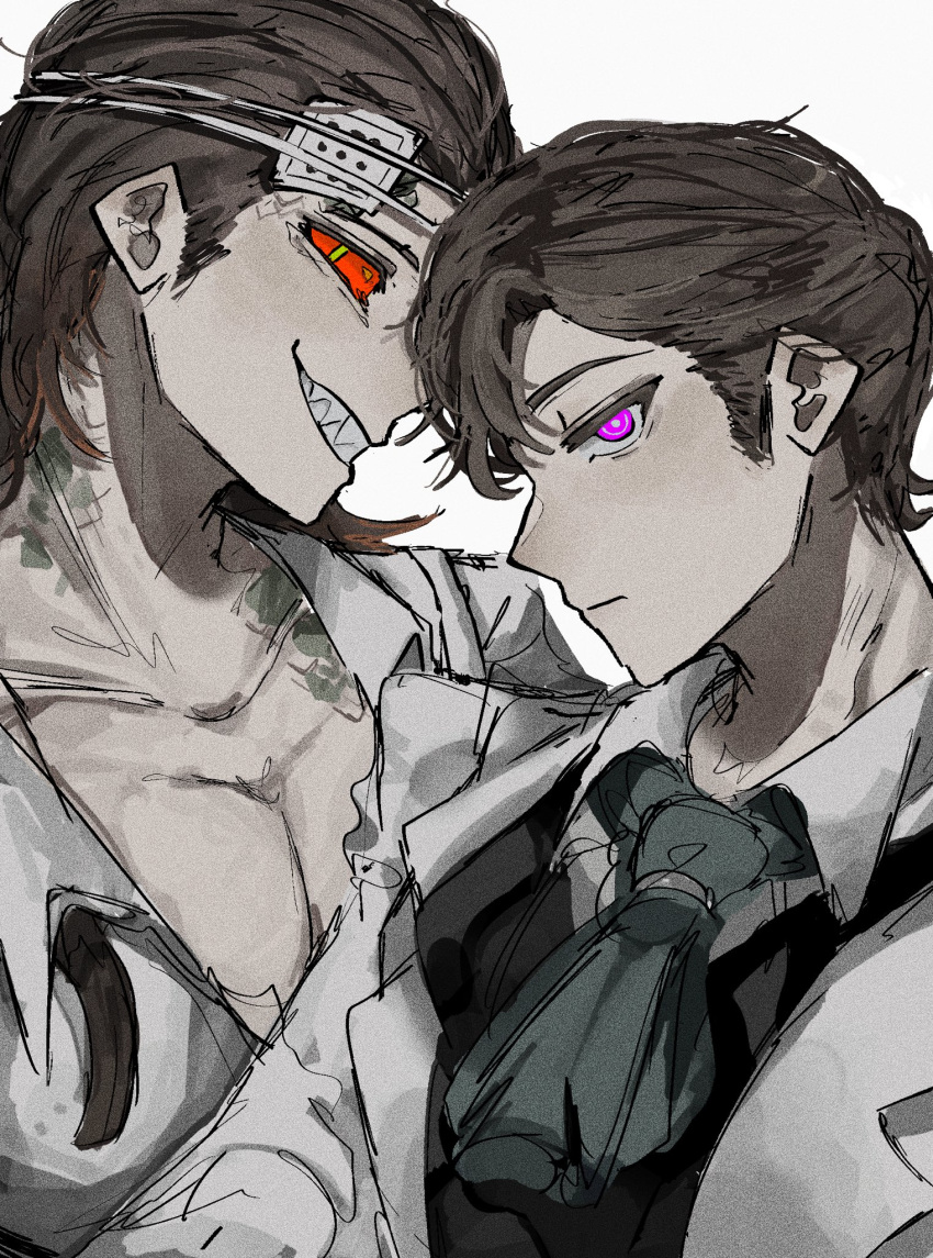 2boys ascot bangs black_vest body_markings brown_hair closed_mouth colored_sclera gauze gouboot green_ascot green_pupils grey_pupils grin hair_slicked_back highres identity_v jacket looking_at_viewer luchino_diruse male_focus medium_hair multiple_boys open_collar orpheus_(identity_v) pectoral_cleavage pectorals pink_eyes profile red_sclera ringed_eyes serious sharp_teeth shirt short_hair sideways_glance simple_background smile teeth upper_body vest white_background white_jacket white_shirt