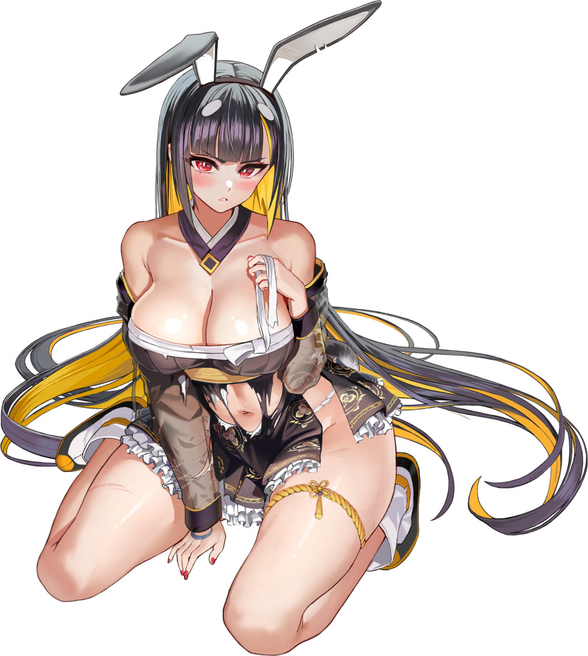 1girl animal_ears armpit_crease baekto_(last_origin) bare_shoulders black_hair black_kimono blonde_hair blush breasts chinese_knot chinese_zodiac cleavage collarbone colored_inner_hair crescent_moon defeat detached_sleeves fake_animal_ears flower_knot frilled_kimono frills fundoshi han'eri hand_on_ground hand_tattoo haori_himo headwear_removed highres injury japanese_clothes kimono kimono_pull kimono_skirt large_breasts last_origin linea_alba long_hair looking_at_viewer moon moon_tattoo multicolored_hair nail_polish navel official_alternate_costume official_art open_clothes open_kimono open_mouth rabbit_ears rabbit_tail red_eyes red_nails see-through see-through_sleeves sitting skindentation solo standing tachi-e taesi tail tattoo thick_thighs thigh_strap thighs torn_clothes torn_kimono torn_sleeves transparent_background two-tone_hair very_long_hair wariza white_footwear year_of_the_rabbit