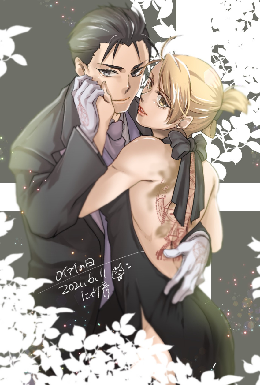 1boy 1girl artist_name backless_dress backless_outfit bangs bare_shoulders black_dress black_hair black_jacket black_suit blonde_hair breasts brown_eyes collared_shirt cowboy_shot dated dress formal fullmetal_alchemist gloves grey_eyes grey_shirt hair_slicked_back hair_up hand_on_another's_back hand_on_another's_cheek hand_on_another's_face highres holding_hands jacket long_hair long_sleeves looking_at_viewer looking_back medium_breasts neck_ribbon parted_lips ribbon riza_hawkeye roy_mustang scar scar_on_back shirt short_hair side_slit smile suit suit_jacket takehide white_gloves