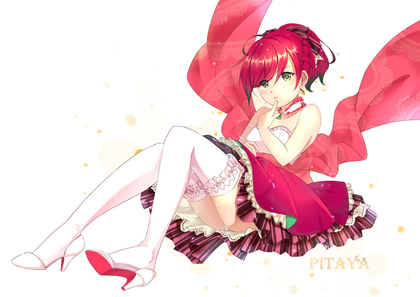1girl bare_shoulders commentary_request dragon_fruit dress freckles green_eyes hanakingyo high_heels highres index_finger_raised looking_at_viewer medium_hair original parted_lips personification red_hair red_skirt skirt sleeveless sleeveless_dress solo thighhighs white_background white_footwear white_thighhighs