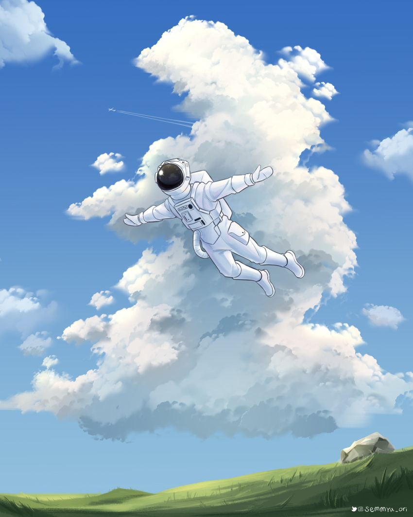 absurdres ambiguous_gender astronaut blue_sky cloud day flying grass highres original outdoors rock semmya_ori sky solo twitter_username