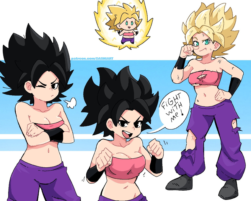 1girl aqua_eyes aura battle_damage big_hair black_eyes black_hair blonde_hair breasts caulifla closed_mouth crop_top crossed_arms dashi dragon_ball dragon_ball_super english_text hand_on_hip highres midriff multiple_views navel one_eye_closed open_mouth pants pink_tube_top purple_pants smile speech_bubble spiked_hair strapless super_saiyan super_saiyan_1 torn_clothes tube_top v-shaped_eyebrows