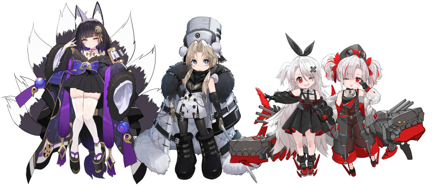 +_+ 4girls absurdres aged_down animal_ear_fluff animal_ears azur_lane bangs bare_shoulders beads black_footwear black_gloves black_kimono black_sleeves blush boots breasts brown_hair child cloak closed_mouth coat cross_hair_ornament detached_sleeves dishwasher1910 dress elbow_gloves facial_mark female_child fox_ears fox_girl fox_tail full_body fur-trimmed_boots fur-trimmed_cloak fur-trimmed_jacket fur-trimmed_kimono fur_hat fur_trim gloves goggles goggles_on_head hair_ornament hair_over_shoulder hair_ribbon hand_on_hip hat highres holding holding_sword holding_weapon jacket japanese_clothes jewelry kimono kronshtadt_(azur_lane) long_hair long_sleeves looking_at_viewer low_twintails magatama magatama_necklace mole mole_under_eye multicolored_hair multiple_girls multiple_tails musashi_(azur_lane) necklace one_eye_closed open_mouth panties parted_bangs pleated_skirt prayer_beads prinz_adalbert_(azur_lane) prinz_heinrich_(azur_lane) purple_panties red_eyes ribbed_shirt ribbon shirt simple_background skirt sleeveless sleeveless_dress small_breasts smile standing streaked_hair sword tail thighhighs twintails underwear v_over_eye very_long_hair weapon whisker_markings white_background white_cloak white_dress white_hair white_headwear
