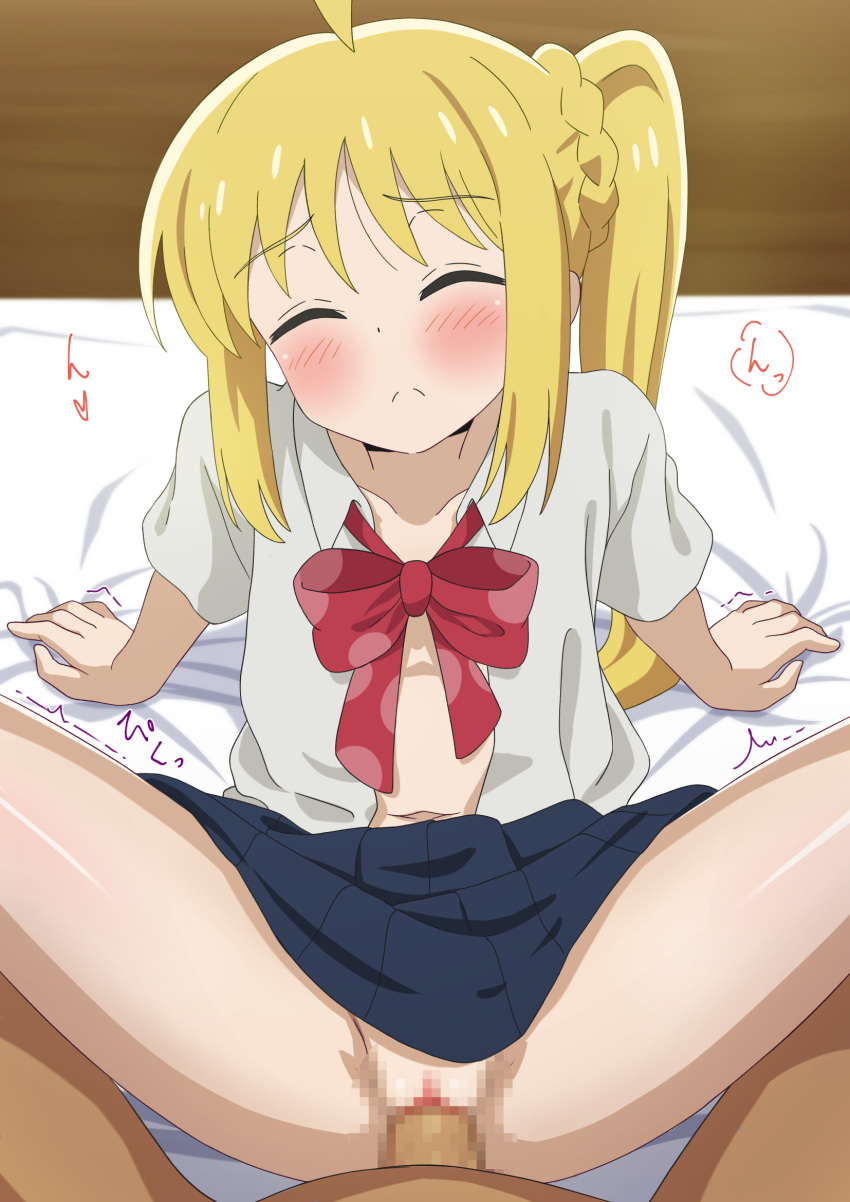 1boy 1girl ahoge arm_support blonde_hair blush bocchi_the_rock! bow bowtie censored closed_eyes closed_mouth dbmaster hetero highres ijichi_nijika long_hair mosaic_censoring open_clothes open_shirt penis pussy red_bow red_bowtie sex shirt side_ponytail sitting skirt solo_focus vaginal white_shirt