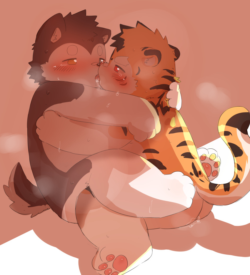 absurd_res anthro bodily_fluids butt canid canine canis chubby_male domestic_dog duo embrace felid hi_res hug kissing leaning male male/male mammal overweight pantherine slightly_chubby tearing tears tears_of_pleasure tiger tsukamototgg