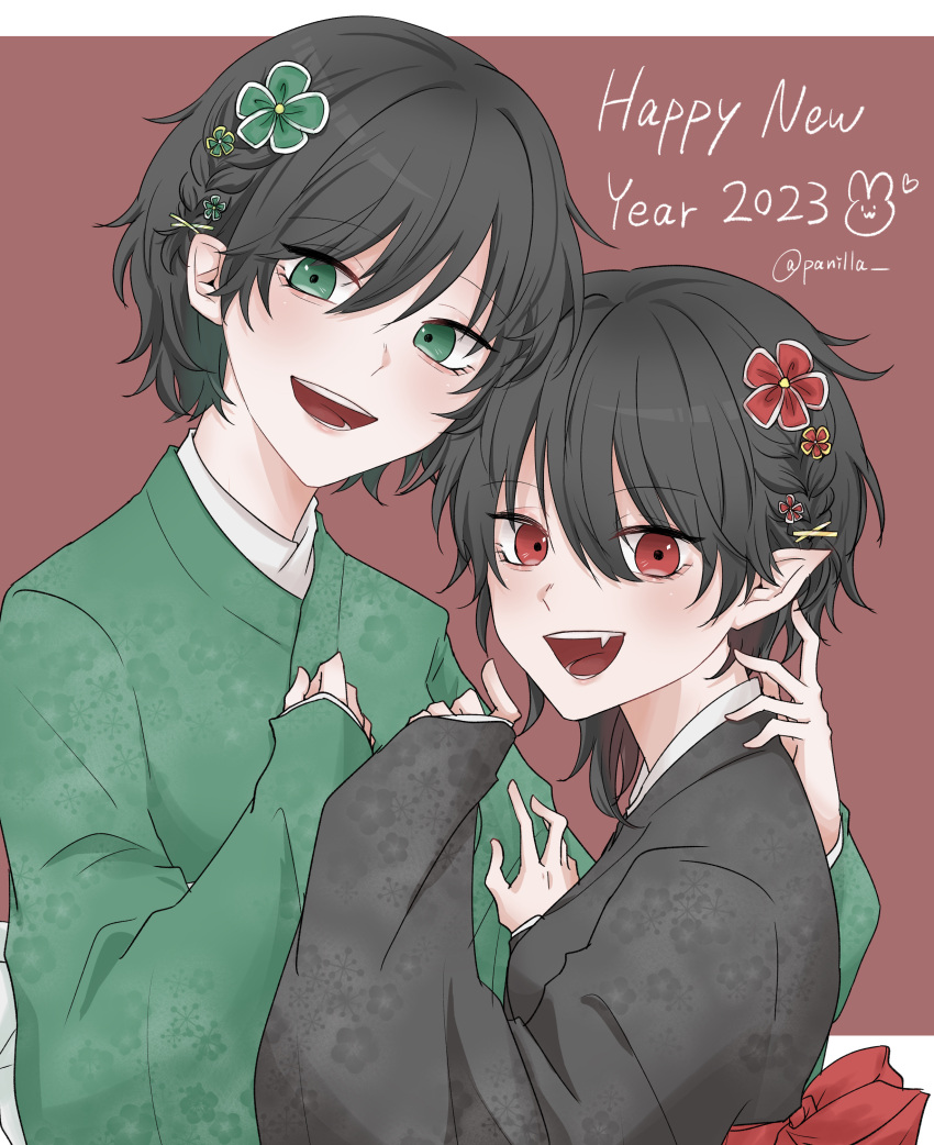 2023 2girls absurdres bangs black_hair black_kimono blush breasts commentary_request flower green_eyes green_flower green_kimono hair_between_eyes hair_flower hair_ornament happy_new_year highres houjuu_nue japanese_clothes kimono looking_at_viewer multiple_girls murasa_minamitsu open_mouth panilla pointy_ears red_eyes red_flower short_hair sleeves_past_wrists small_breasts smile touhou upper_body wide_sleeves