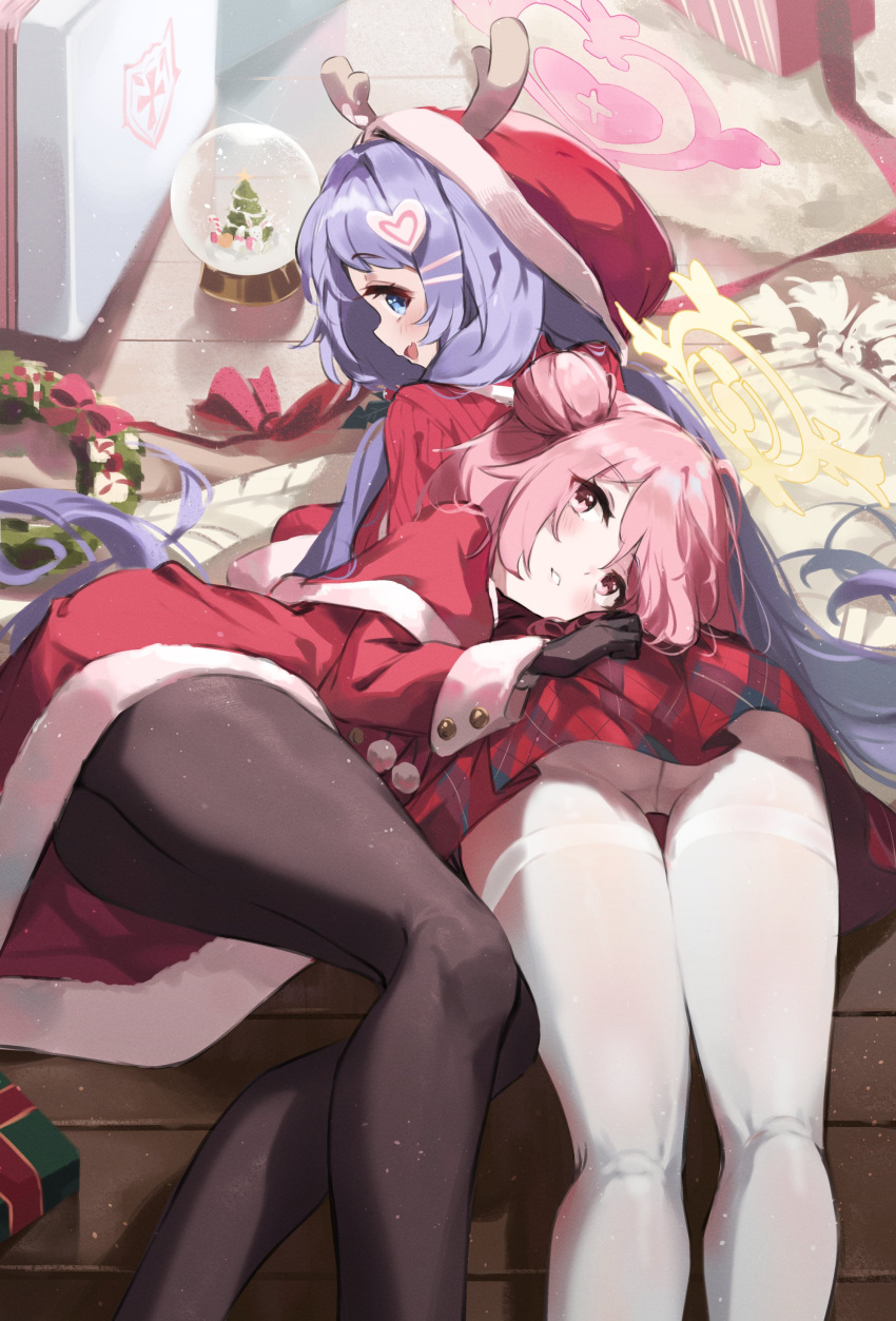 2girls absurdres ass blue_archive blue_eyes christmas fake_antlers hair_bun halo hanae_(blue_archive) hanae_(christmas)_(blue_archive) hat head_on_ass highres multiple_girls official_alternate_costume pantyhose pink_eyes pink_hair plaid plaid_skirt purple_hair santa_costume santa_hat serina_(blue_archive) serina_(christmas)_(blue_archive) skirt timo_wei95 white_pantyhose