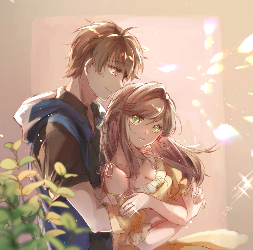 1boy 1girl bangs bare_shoulders black_shirt blue_jacket blurry blurry_foreground breasts brown_eyes brown_hair cleavage closed_mouth collared_shirt dress frilled_dress frills green_eyes highres hug hug_from_behind jacket looking_at_viewer luke_pearce_(tears_of_themis) nelhai_(mori791212) off-shoulder_dress off_shoulder rosa_(tears_of_themis) shirt short_hair short_sleeves sketch sleeveless sleeveless_jacket smile tears_of_themis yellow_dress