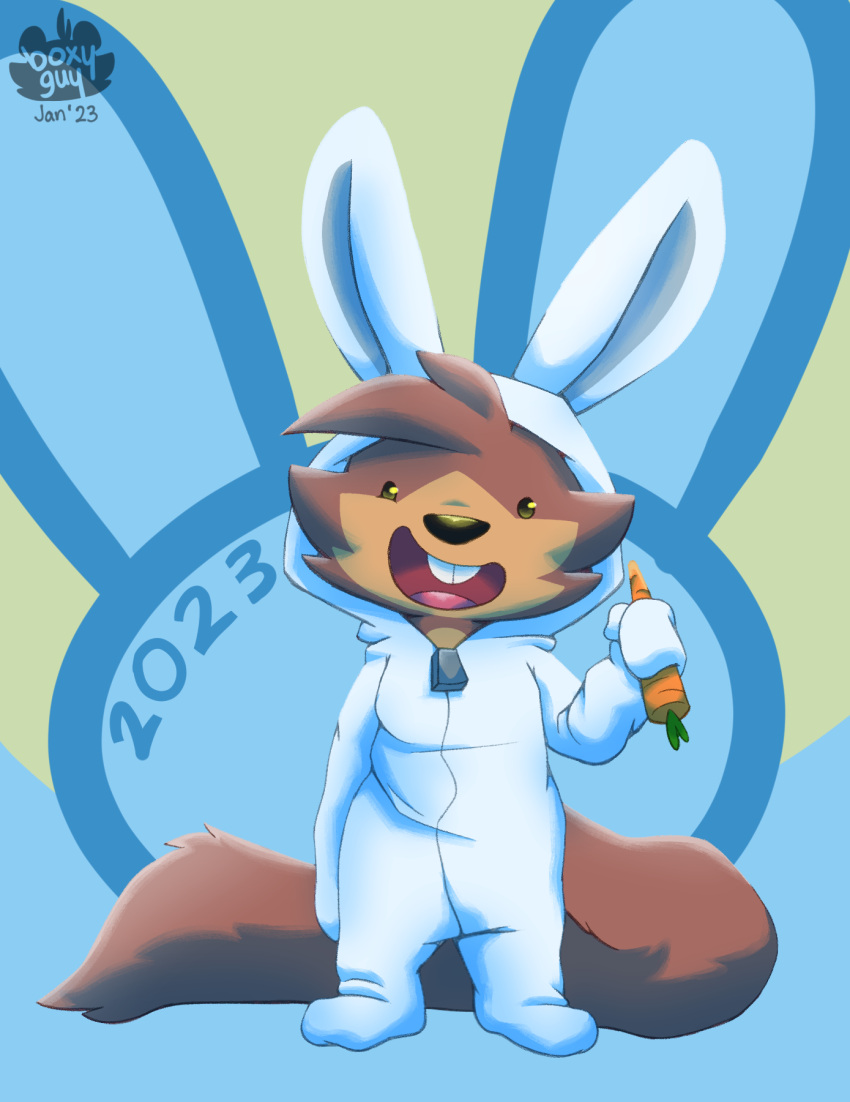 bunny_costume carrot chinese_zodiac clothed clothing costume food fur hair hi_res holidays kigurumi looking_at_viewer mammal new_year nutty_bo onesie open_mouth plant rodent sciurid simple_background smile vegetable year_of_the_rabbit