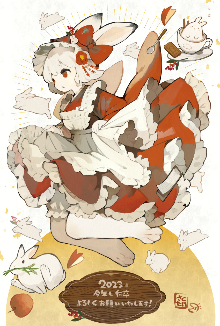 1girl absurdres animal_ears apple apple_bunny apple_slice apron bangs biscuit_(bread) bow chinese_zodiac clothes_lift commentary cup dress food food_art frilled_dress frills fruit furry furry_female hair_bow headdress highres jumping nengajou new_year original rabbit rabbit_ears rabbit_girl red_bow red_dress red_eyes sakutake_(ue3sayu) saucer short_hair skirt skirt_lift snout teacup white_apron white_fur white_hair year_of_the_rabbit