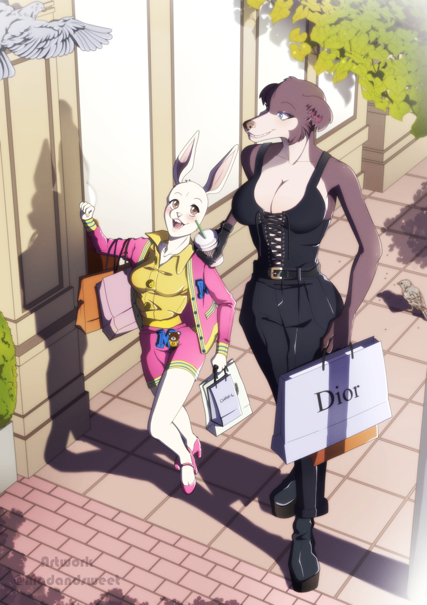 2023 5_fingers absurd_res anthro beastars beverage big_breasts black_nose bottomwear breasts canid canine canis cleavage clothed clothing domestic_rabbit duo dwarf_rabbit female fingers footwear fur grey_body grey_fur haru_(beastars) hi_res high_heels humanoid_hands jacket juno_(beastars) lagomorph leporid mammal open_mouth open_smile oryctolagus oursweetlove rabbit shopping_bag skirt smile teeth topwear walking white_body white_fur wolf